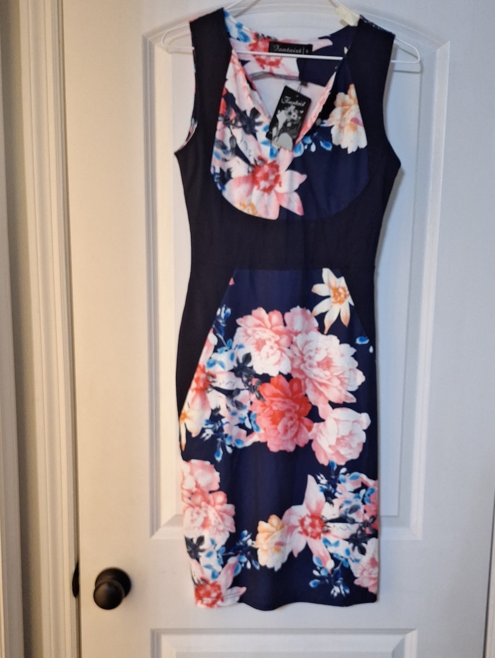 Feminine Navy Midi Dress with Pink Floral Print